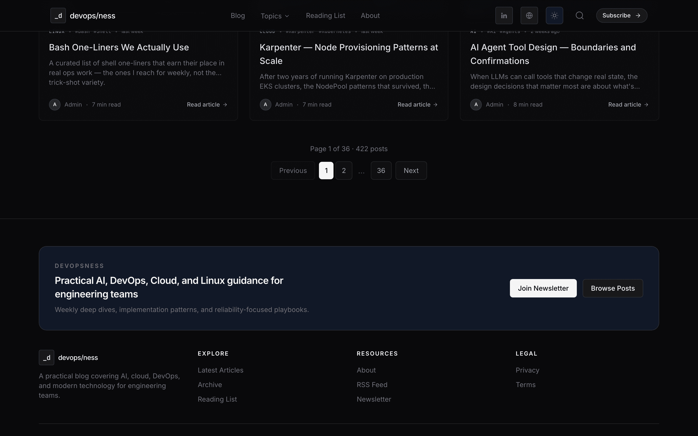Archive pagination footer, newsletter CTA, and full site footer