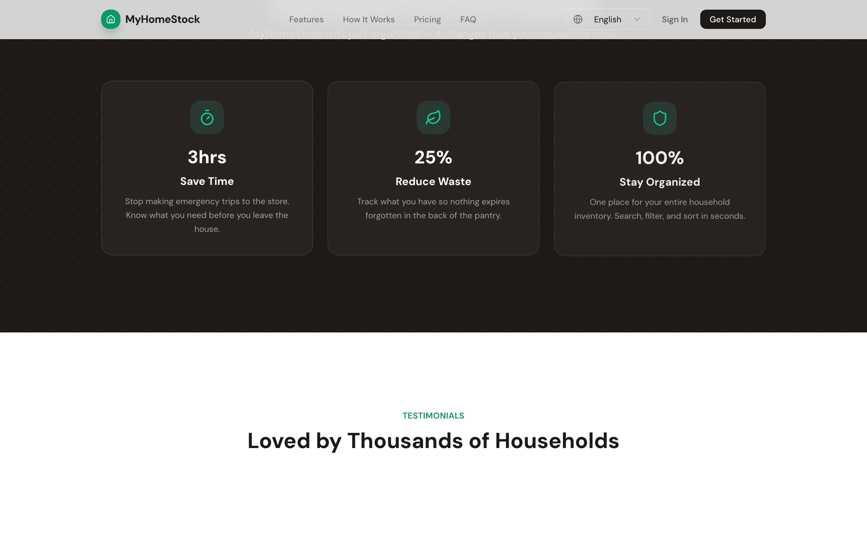 Three outcome stats: 3 hours saved, 25% less waste, 100% organised